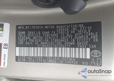 2010 Toyota Corolla Le z USA, uszkodzony, nr VIN 2T1BU4EE7AC350211